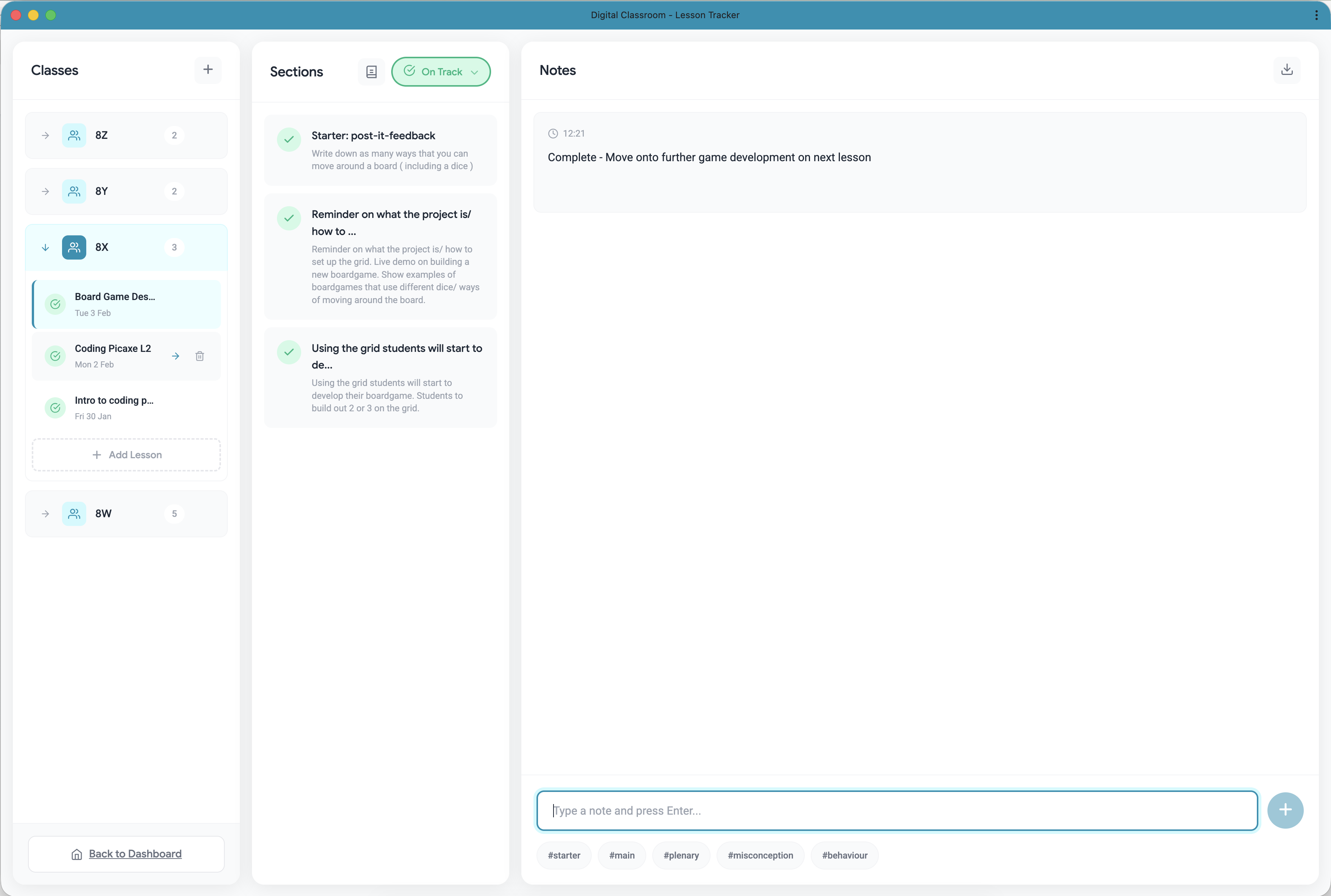 Lesson Tracker – Class view